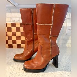 Women’s Y2K Brown Leather Patchwork Platform Knee Boots